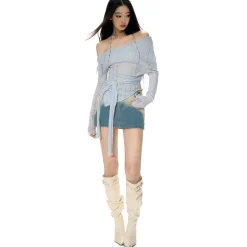 NotaWear Destroy Cutting Off-Shoulder Knit Sweater Blue