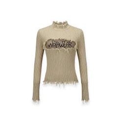 NotAwear Destroy Embroidery Logo Slim Knit Top Khaki