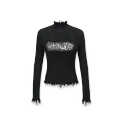 NotAwear Destroy Embroidery Logo Slim Knit Top Black