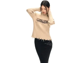 NotAwear Destroy Embroidery Logo Slim Knit Top Khaki