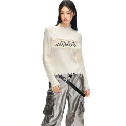 NotAwear Destroy Embroidery Logo Slim Knit Top White