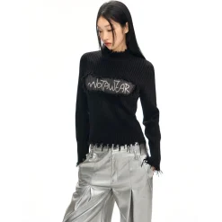 NotAwear Destroy Embroidery Logo Slim Knit Top Black