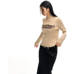 NotAwear Destroy Embroidery Logo Slim Knit Top Khaki