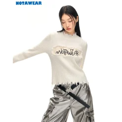 NotAwear Destroy Embroidery Logo Slim Knit Top White