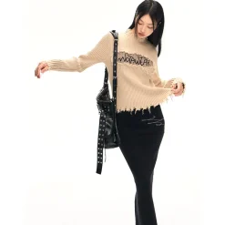 NotAwear Destroy Embroidery Logo Slim Knit Top Khaki