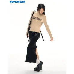 NotAwear Destroy Embroidery Logo Slim Knit Top Khaki