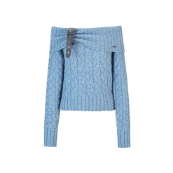 NotAwear Detachable Belt Off-Shoulder Knit Top Blue