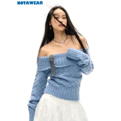 NotAwear Detachable Belt Off-Shoulder Knit Top Blue