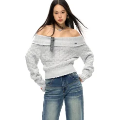 NotAwear Detachable Belt Off-Shoulder Knit Top Grey