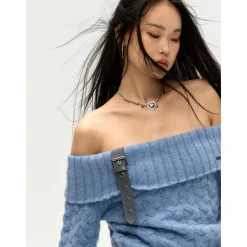 NotAwear Detachable Belt Off-Shoulder Knit Top Blue
