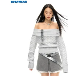 NotAwear Detachable Belt Off-Shoulder Knit Top Grey