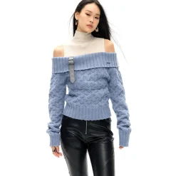 NotAwear Detachable Belt Off-Shoulder Knit Top Blue