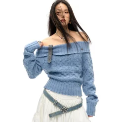 NotAwear Detachable Belt Off-Shoulder Knit Top Blue