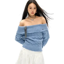 NotAwear Detachable Belt Off-Shoulder Knit Top Blue