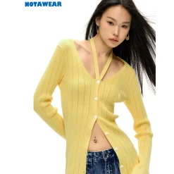 NotAwear Hollow Cutting Knit Cardigan Yellow