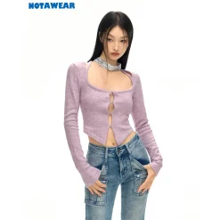 NotAwear Hollow Cutting Slim Knit Cardigan Purple