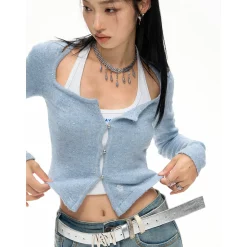 NotAwear Hollow Cutting Slim Knit Cardigan Blue