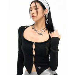NotAwear Hollow Cutting Slim Knit Cardigan Black