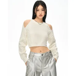 NotAwear Hollow Out Cutting Crop Knit Sweater White