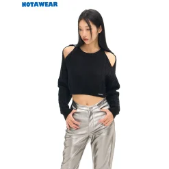 NotAwear Hollow Out Cutting Crop Knit Sweater Black