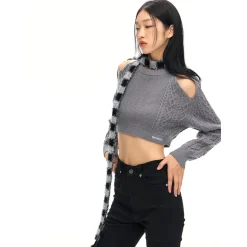 NotAwear Hollow Out Cutting Crop Knit Sweater Grey