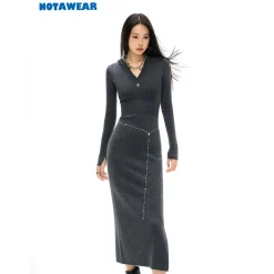 NotAwear Logo Embroidery Woolen Hooded Knit Dress Dark Grey