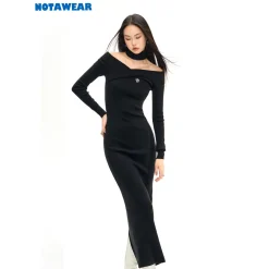 NotAwear Logo Embroidery Woolen Knit Off-Shoulder Dress