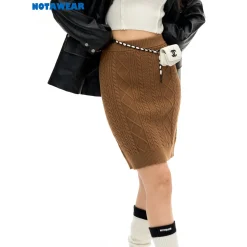 NotAwear Logo Embroidery Twisted Knit Skirt Brown