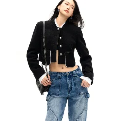 NotAwear Silver Button Short Woolen Blazer Black