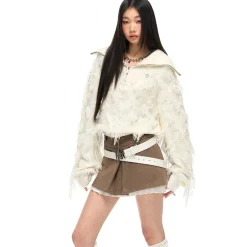 NotAwear Tassel Lapel Half-Zip Knit Sweater Cream