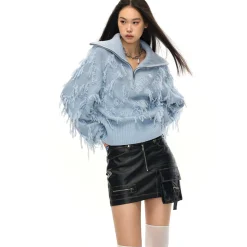 NotAwear Tassel Lapel Half-Zip Knit Sweater Blue