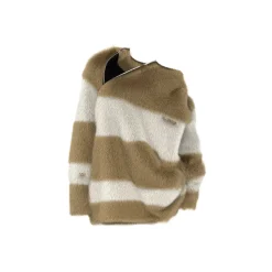 NotAwear Two-Way Zipper Off-Shoulder Faux Mink Sweater Brown
