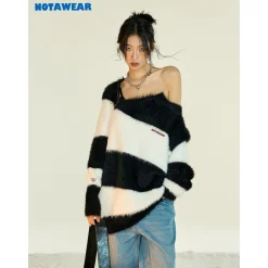NotAwear Two-Way Zipper Off-Shoulder Faux Mink Sweater Black