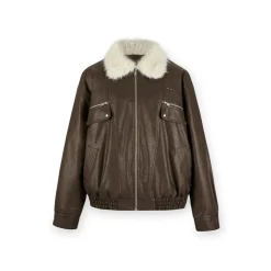 NotAwear Vintage Fur Collar Leather Jacket Khaki