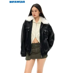 NotAwear Vintage Fur Collar Leather Jacket Black