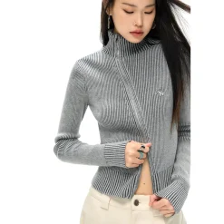 NotAwear Washed Irregular Zip Up Knit Top Grey