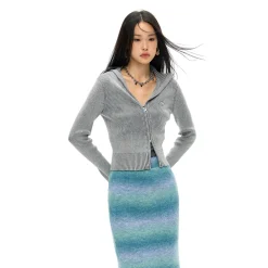 NotAwear Washed Irregular Zip Up Knit Top Grey