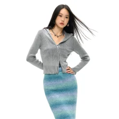 NotAwear Washed Irregular Zip Up Knit Top Grey