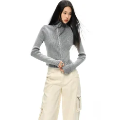 NotAwear Washed Irregular Zip Up Knit Top Grey