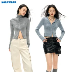 NotAwear Washed Irregular Zip Up Knit Top Grey