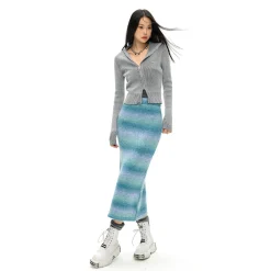 NotAwear Washed Irregular Zip Up Knit Top Grey