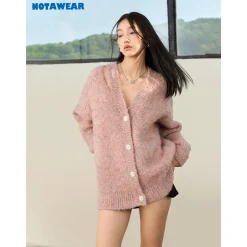 NotAwear Woolen Hollow Cutting Cardigan Pink