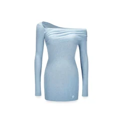 NotAwear Wrinkled Woolen Knit Off-Shoulder Dress Blue