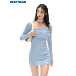 NotAwear Wrinkled Woolen Knit Off-Shoulder Dress Blue