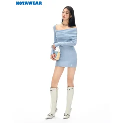 NotAwear Wrinkled Woolen Knit Off-Shoulder Dress Blue