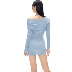 NotAwear Wrinkled Woolen Knit Off-Shoulder Dress Blue