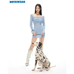 NotAwear Wrinkled Woolen Knit Off-Shoulder Dress Blue
