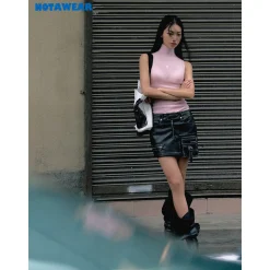 NotAwear Zipper Leather Cargo Skirt Shorts Black