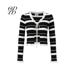 ODTD Lace Strap Knitted Cardigan Top Black