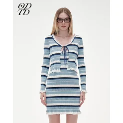 ODTD Lace Strap Knitted Cardigan Top Blue